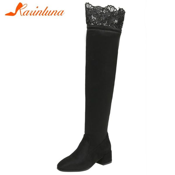 

karin new fashion ladies 2020 lace boots round toe zip chunky high heels thigh high women boots over the knee women shoes, Black