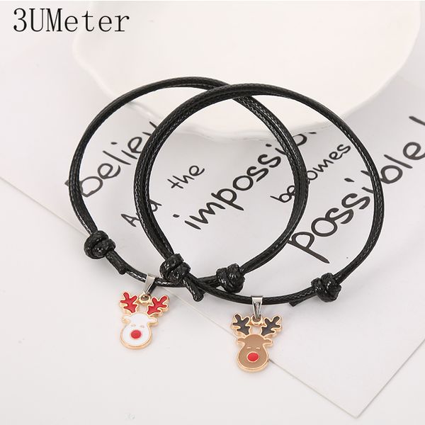 

charm bracelets 2pcs/set, elk gloves snowman for women and men couple bracelet adjustable rope chain christmas gifts, Golden;silver