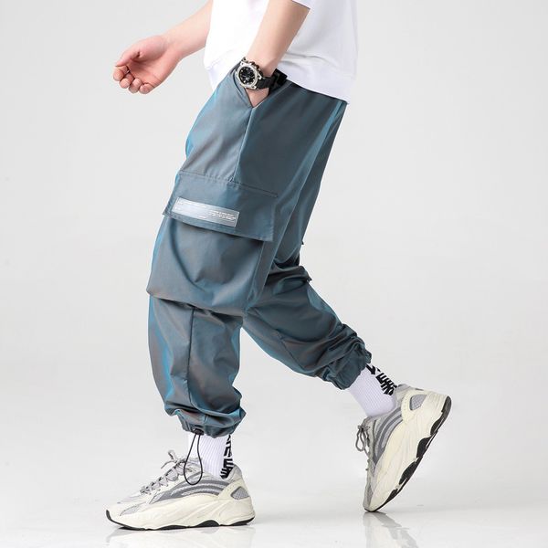 

men's pants streetwear cargo men reflective loose hip hop casual mens harem pant harajuku jogger sweatpant trousers, Black