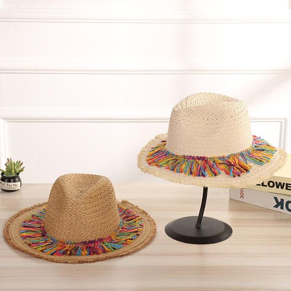 

tassel weaved straw sun hat summer women wide brim dome outdoors sunscreen uv protection beach travel foldable caps, Blue;gray
