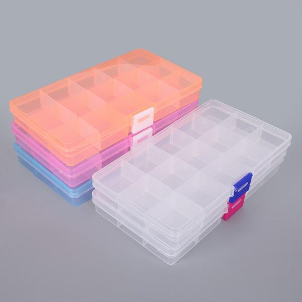 

15 slots transparent jewelry storage box ring earring beads portable plastic organizer box case craft beads container, Pink;blue