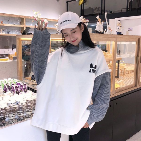 

autumn and winter coat pullover new stitching fake two-piece sweater coat women's korean style loose velvet thickened turtleneck pullov, Black
