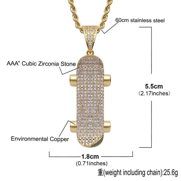 

skateboards pendant necklace men hip hop street culture cubic zircon fashion trendy long chain necklace man jewelry gift, Silver