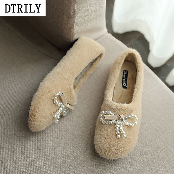 

winter flat shoes women fur loafers string bead slip on shoes casual furry slide round toe comfortable sandals zapatos de mujer, Black