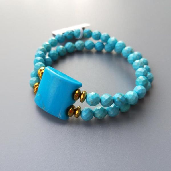 

liiji unique blue turquoises 2 rows hematite bracelet for women men bracelet fashion jewelry, Black