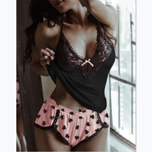 

bras sets women heart print shorts + lace side camisole summer pajamas female sleeveless casual 2pcs sleepwear suits femme, Red;black
