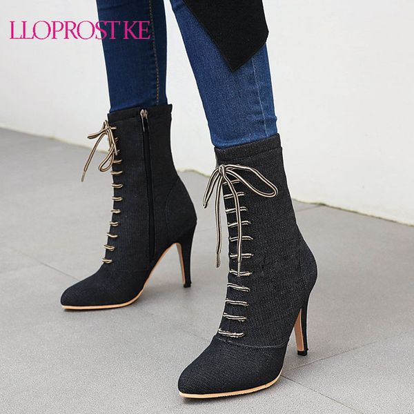 

lloprost ke new boots women 2020 autumn fashion ankle boots pointed toe stiletto heel shoe stretch lace-up high heel botas mujer, Black