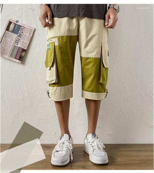 

japanese style cargo pants big pocket contrast color capris male pants casual mens clothing summer mens, Black