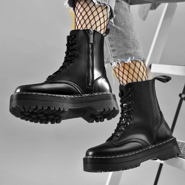 

boots split leather platform women chunky motorcycle for ankle femmes bottes, Black