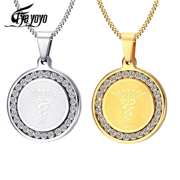 

pendant necklaces eyeyoyo men's stainless steel zircon sign necklace snake wand cz jewelry coin medal, Silver