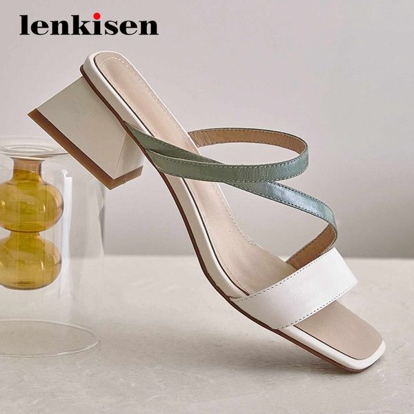 

dress shoes lenkisen concise style genuine leather mixed colors square toe med heel slip on office lady daily wear women sandals l81, Black