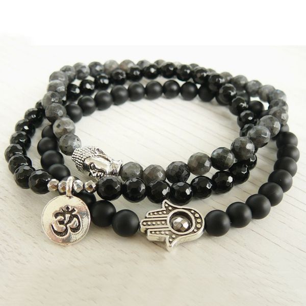 

tennis yoga 3 set of bracelets buddha om hamsa wrist grey black bead gift healing buddhist bracelet for man women, Golden;silver