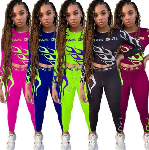 

designers women bad girls letters tracksuits long sleeve outfits flame print crop t-shirt + pants legging sports suit 2pcs/set d91604, White