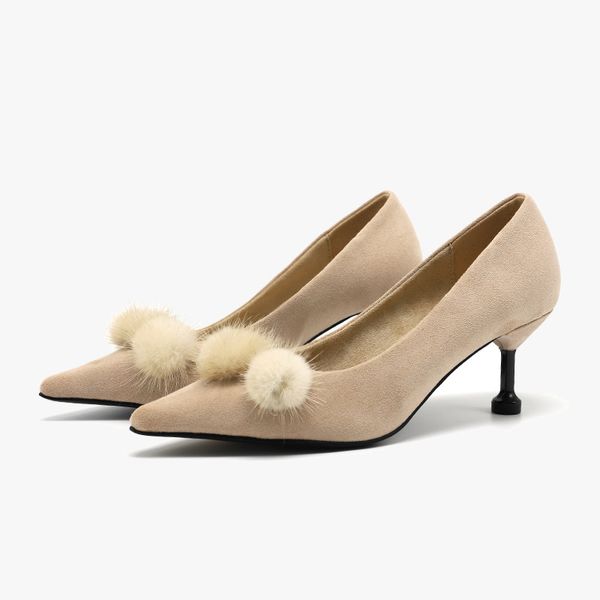 

2020 summer high heels ladies work shoes fine high heel woolen shoes pointed heels wool ball single women, Black