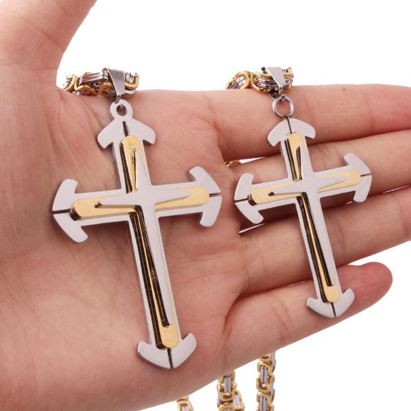 

new design jesus cross stainless steel pendants necklaces 5mm byzantine long chain necklace for men jewelry collar collier, Silver