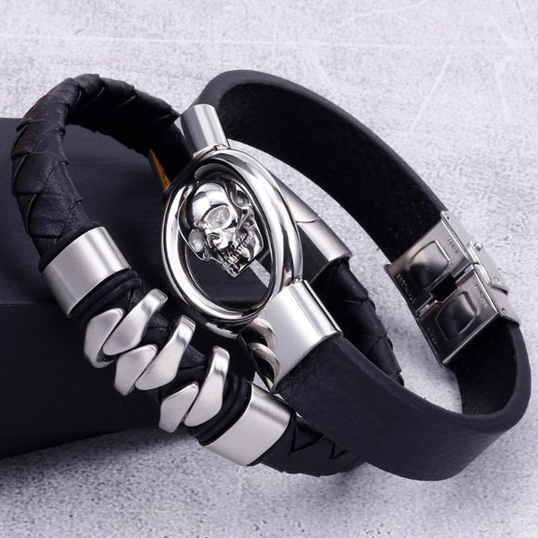 

tennis 316l stainless steel & braided genuine leather wrap bracelet men magnet clasp friendship mens skull bracelets man homme, Golden;silver