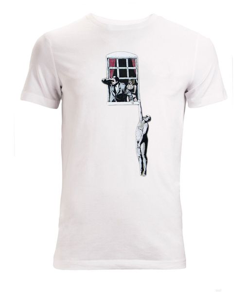 

new fashion cool casual t shirts banksy street art window hanging lover men's (woman's available) t shirt white summer tee shirt