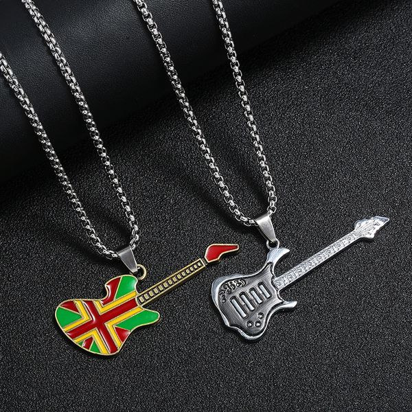 

pendant necklaces punk retro enamel guitar necklace men jewelry long stainless steel statement hiphop women, Silver