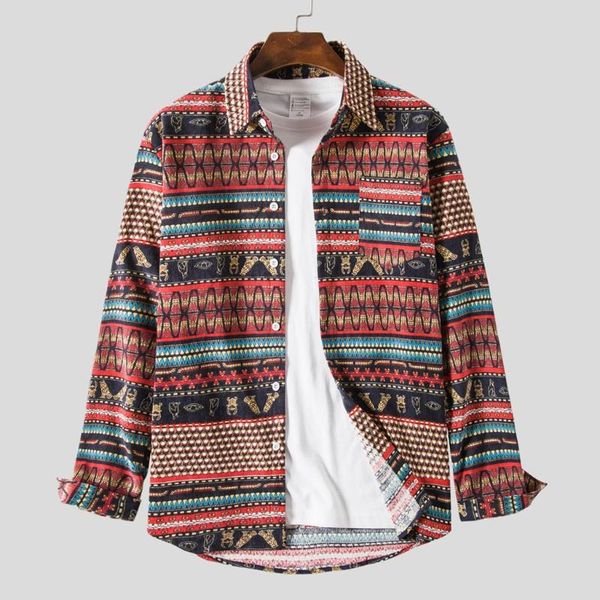 

feitong retro printed shirt men splicing striped corduroy long-sleeved slim fit shirt button down camisas, White;black