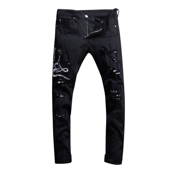 

fashion streetwear men jeans black slim fit cobra embroidery patchwork ripped jeans brand designer hip hop men, Blue