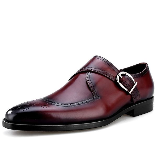 

british style business genuine leather mens office formal footwear pointed buckle strap handmade male brogue flats dress shoes, Black