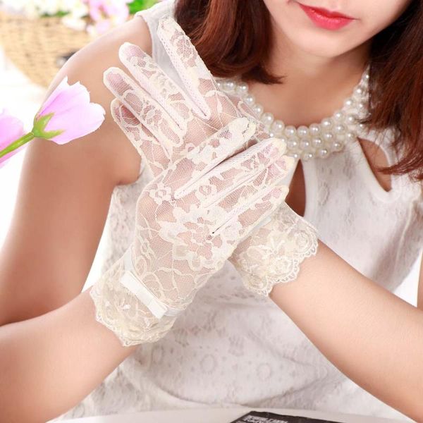 

five fingers gloves sun protection ladies summer silk bow thin touch screen lace, Blue;gray
