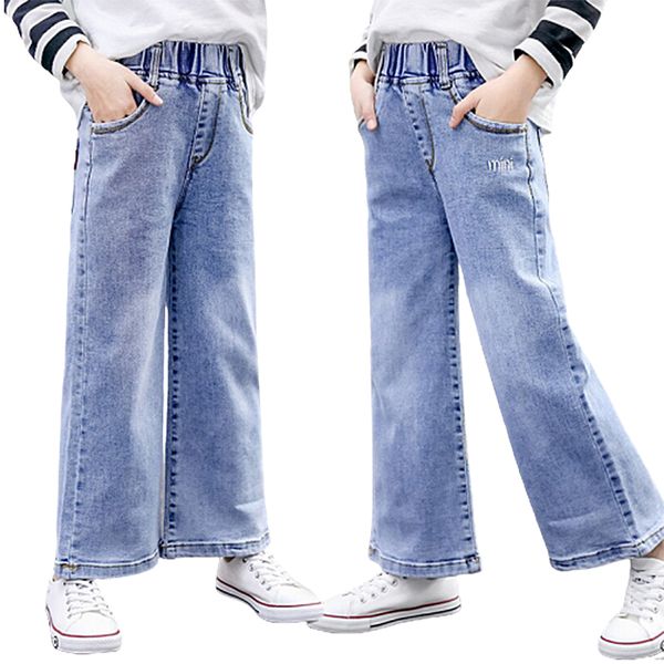 

new style autumn winter girls high waist jeans teens embroidered wide-leg denim pants for girls trousers pants 5 6 7 9 11 13 yrs, Blue