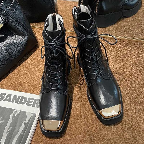 

bottes femme 2020 brand ankle boots for women genuine leather british style metal decoration motorcycle boots botas mujer, Black