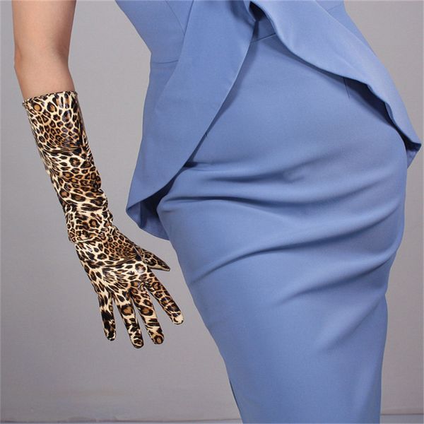 

five fingers gloves leopard long 40cm patent leather emulation pu bright brown cheetah animal pattern female pu25, Blue;gray