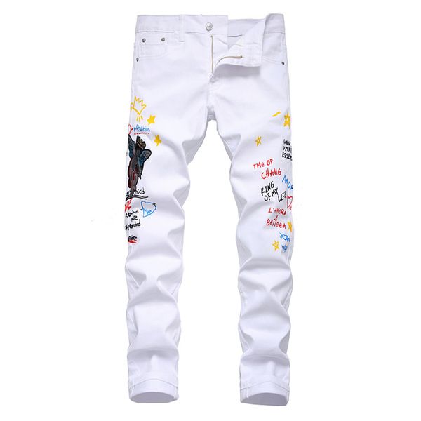 

men's angel embroidered letters printed white jeans fashion slim fit stretch denim pencil pants, Blue
