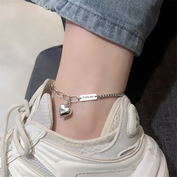 

anklets fashion puck rock style love heart letters lucky girls ankle bracelets for women chain on the leg silver 925 real moda gift, Red;blue