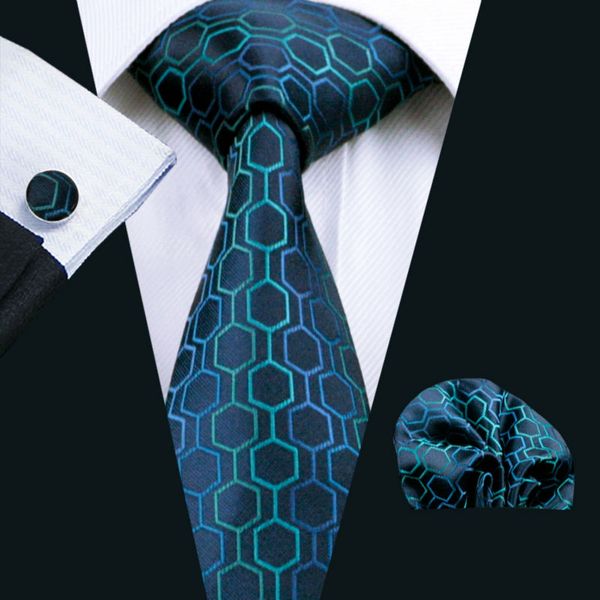 

ls-534 men`s tie 100% silk novelty geometric jacquard woven classic tie+hanky+cufflinks set for formal wedding business party, Black;gray