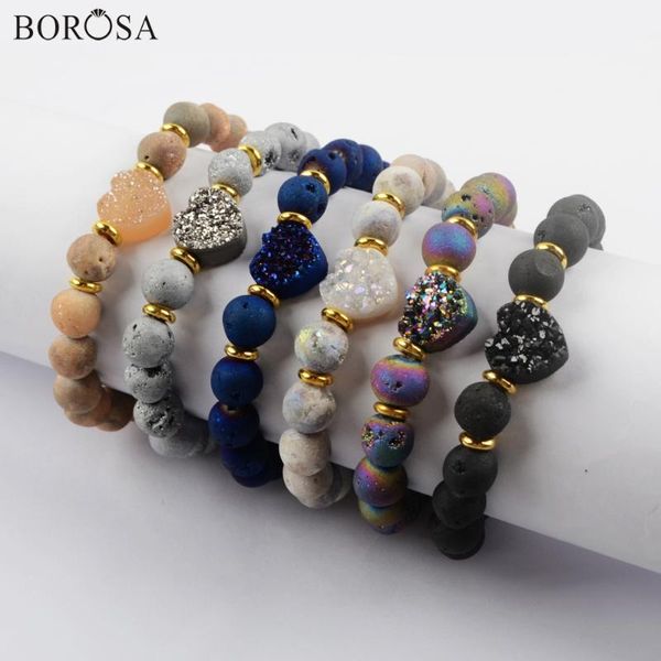

borosa pure handmade druzy bracelet jewelry, 5pcs rainbow titanium heart natural druzy & 8~9mm quartz bead bracelet g1894, Black