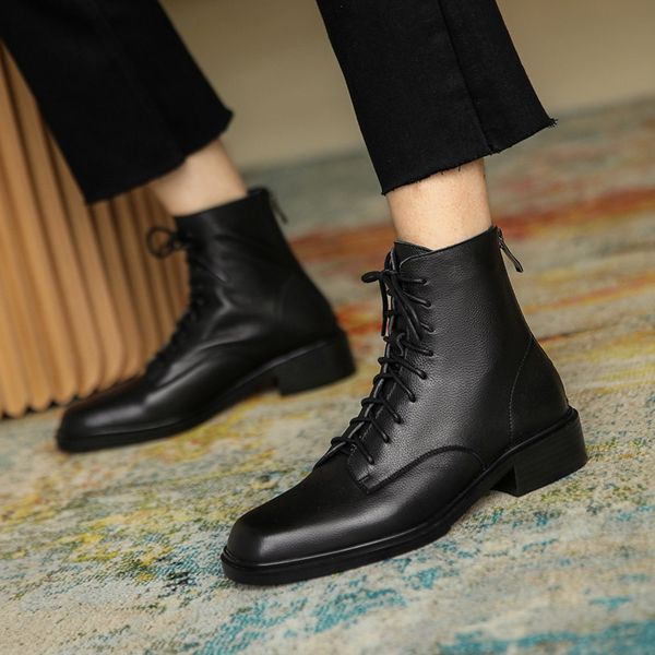 

mordoan genuine cowhide flat-heel square toe boots british style mid-heel platform lace-up black boots ankle