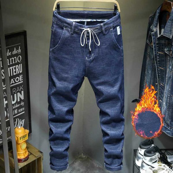 

men's jeans 2021 winter men fashion blue color slim fit stretch thick velvet pants warm casual fleece trousers male,8518