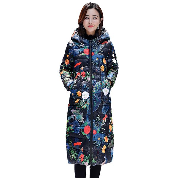 

women's down & parkas chic long colorful print hooded fur coat women oversize winter thick warm bakery jacket cotton padded wadded, Black