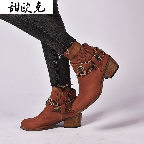

2020 autumn women's boots fashion shallow mouth thick-heel low boots retro round mid-heel casual women's zapatos de mujer, Black