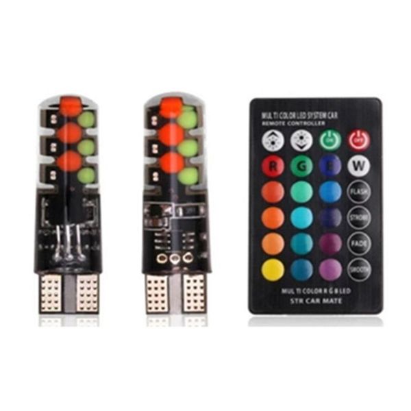

2pcs t10 w5w rgb led bulbs with remote control 12chips cob silicone shell strobe flash auto reading lamp wedge car parking light
