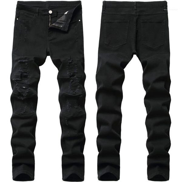 

casual mens jeans 2020 summer black jeans male sim pants tide hole washed male trousers designer, Blue