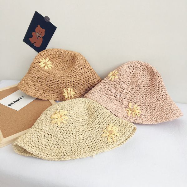 

korean style handmade toddlers girls straw hats embroidery daisy spring summer breathable vacation kids bucket hat, Yellow