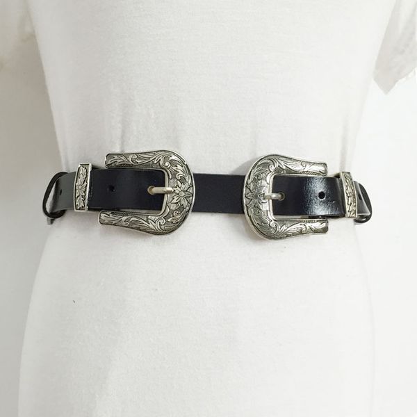 

retro women pu leather belts carved printed double buckle waist belt designer ladies trouser dress wild decorative waistband, Black;brown