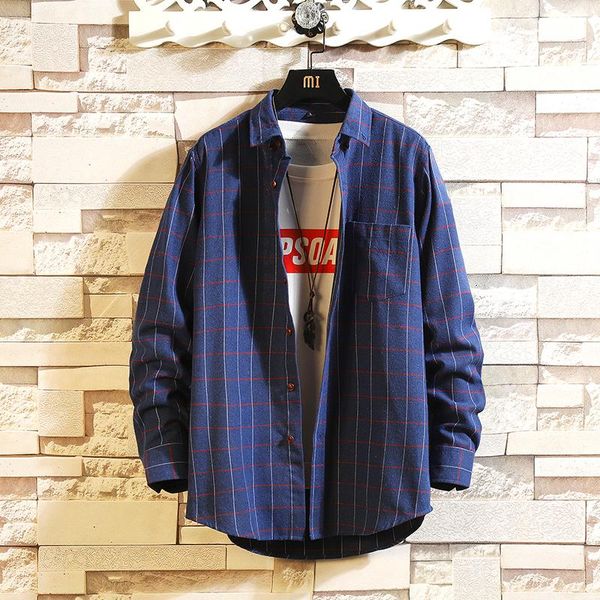 

hip hop streetwear casual plaid dark blue shirt for men's long sleeve spring autumn korea oversize clothes kg-653, White;black
