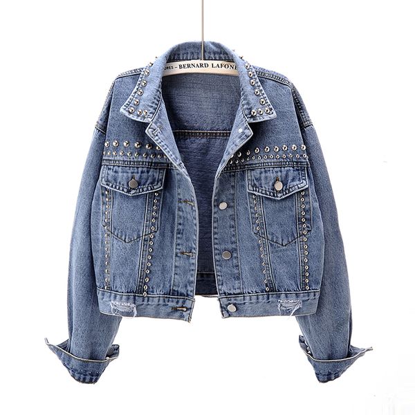 

women's jackets single-breasted beading short denim women loose long sleeve vintage casual jean jacket student bomber coat, Black;brown