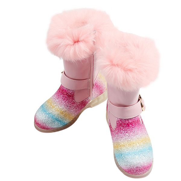 

children girl rainbow short boots girls winter autumn new velvet warm kids snow boots cute color transparent sole pink, Black;grey