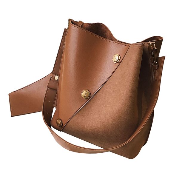 

2-in-1 wide strap bucket bags women leather handbags casual tote ladies shoulder bags