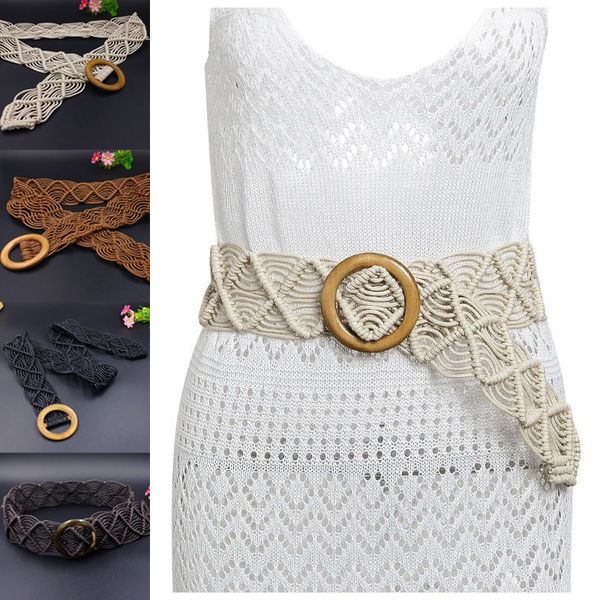 

women braided belts boho woven strap female round wooden buckle dress jeans black wide waist belt summer dress belt, Black;brown