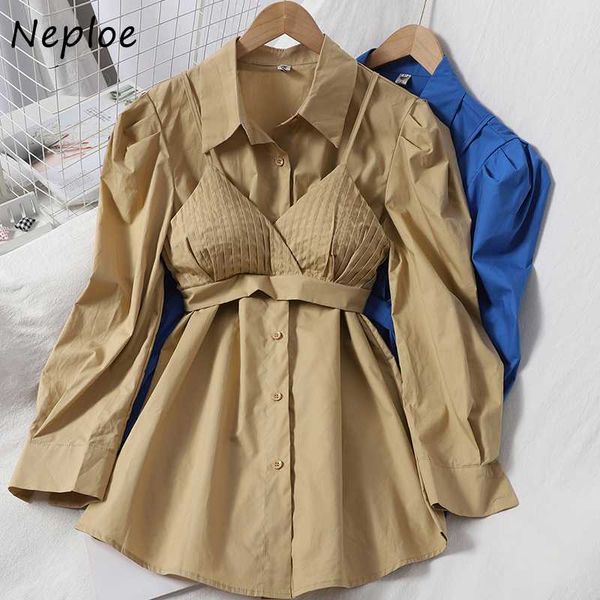 

neploe blouse women solid turn down collar puff long sleeve blusa shirts casual single breasted+v-neck pleated camis 1f655, White