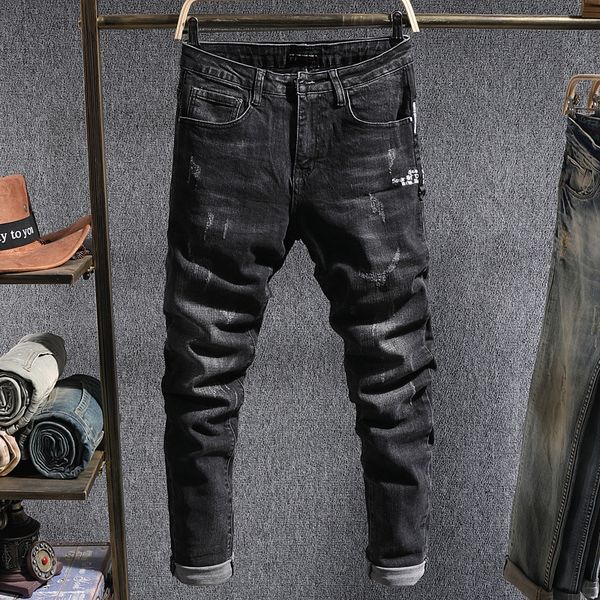 

men's jeans korean style fashion men black color slim fit elastic ripped denim pencil pants streetwear hip hop homme, Blue