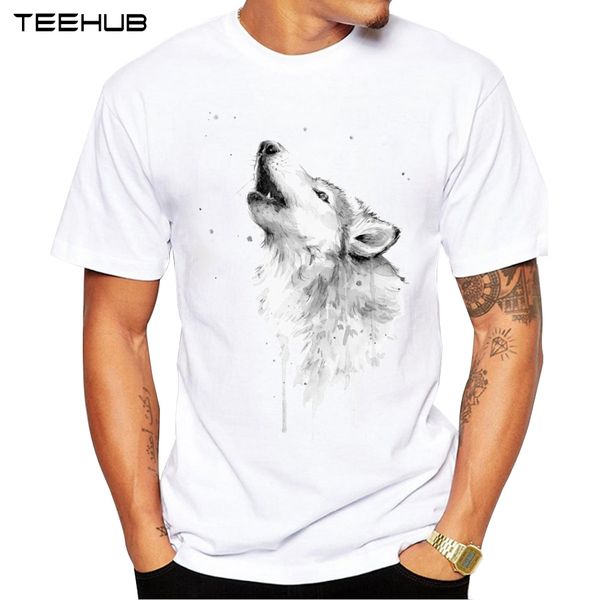 

2019 wolf howling мужские футболки с коротким рукавом повседневная tops hipster акварели wolf printed мужской моды футболки смешная tee