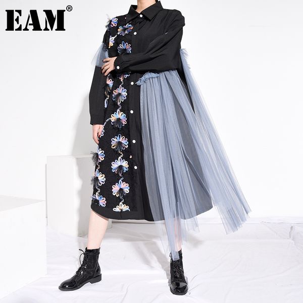

eam] women black printed mesh big size shirt dress new lapel long sleeve loose fit fashion tide spring autumn 2020 1z50601, Black;gray